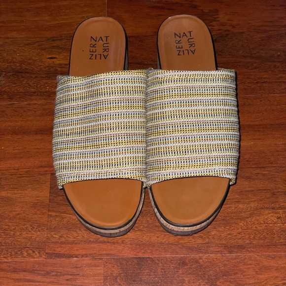 Naturalizer Kirstin Stripe Cork Platform Shoe Wedge Sandal yellow tan mule sz 9 - Picture 4 of 16